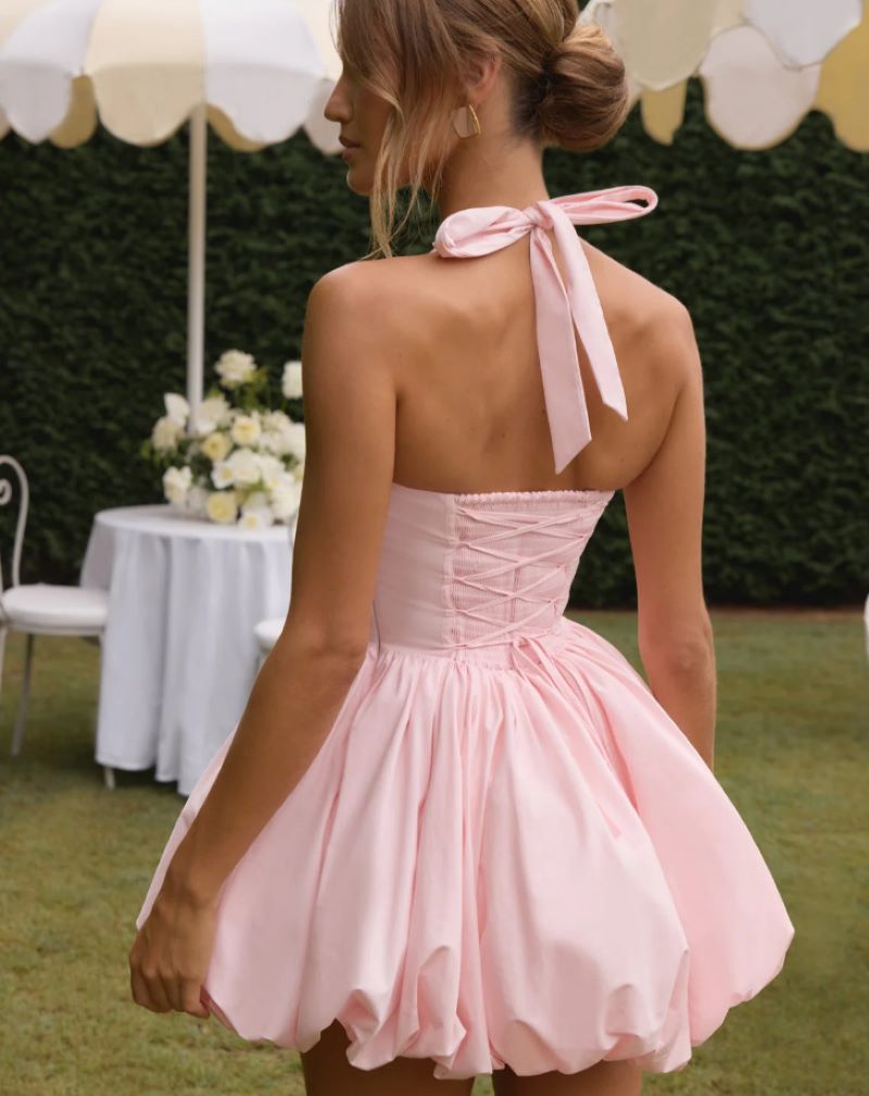 Men'S Formal Wear For Wedding Guest - Zarif Boyundan Bağlamalı Korse Kısa Elbise