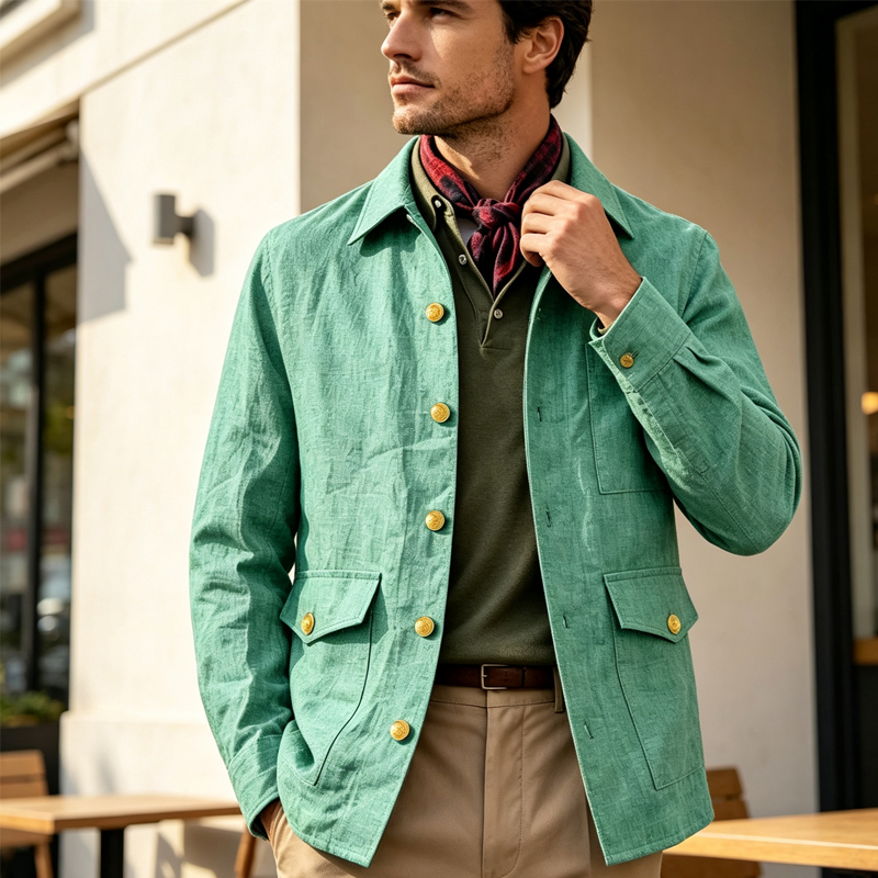 Men Linen Formal Wear - Vintage Erkek Keten Ceket Yaka Düğmeli
