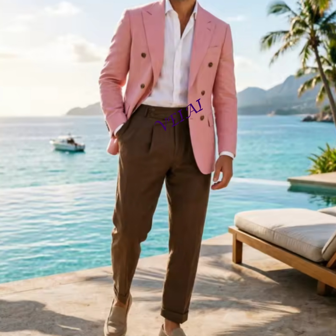 Men Linen Formal Wear - Özelleştirilmiş 2 Parçalı Bej Keten Erkek